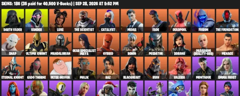 Fortnite account inventory for Darth Vader - Xander - 120 Outfits