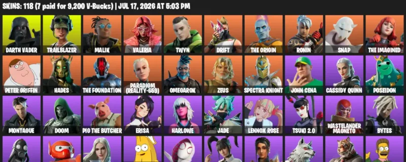 Fortnite Accounts listing: LVL 1935 - Darth Vader - Trailblazer - 118 Outfits - 118 outfits