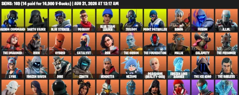 Fortnite account inventory for LVL 2587 - Carbon Commando - Darth Vader - 169 Outfits