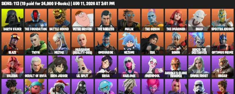 Fortnite account inventory for LVL 1694 - Darth Vader - The Foundation - 113 Outfits