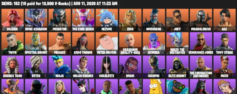 Fortnite account inventory for LVL 3232 - Valeria - Spire Assassin - 152 Outfits