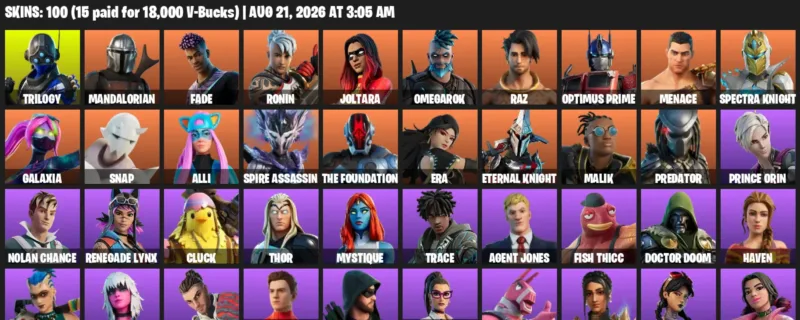 Fortnite account inventory for LVL 1245 - Trilogy - Mandalorian - 100 Outfits
