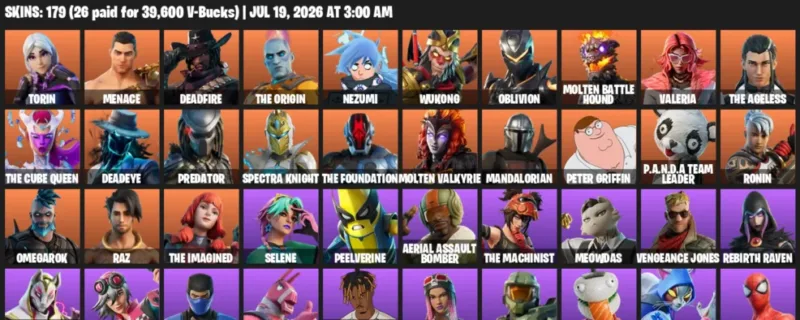 Fortnite Accounts listing: LVL 2921 - Torin - Menace - 179 Outfits - 179 outfits