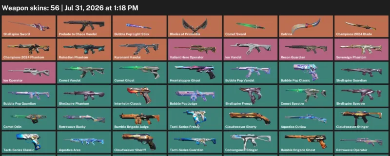 Valorant Accounts listing: LVL 138 · Champions 2024 Blade & Comet Sword · 56 Skins - Gold 3, 56 skins