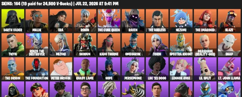 Fortnite Accounts listing: LVL 1963 - Darth Vader - Malik - 164 Outfits - 164 outfits
