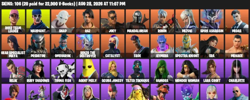 Fortnite account inventory for LVL 2115 - Rose Team Leader - Warpaint - 106 Outfits