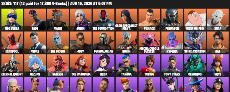 Fortnite account inventory for LVL 1852 - Neo Versa - Fade - 117 Outfits