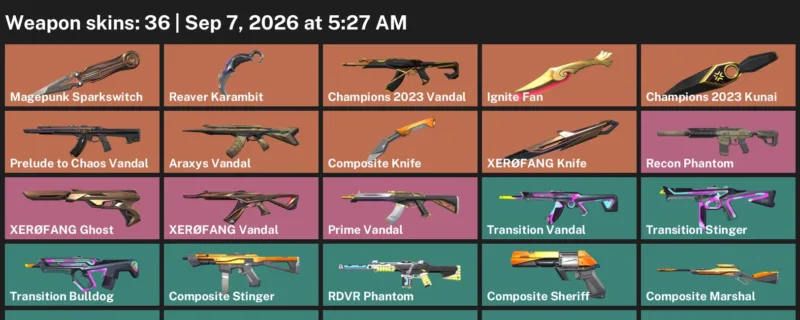 Valorant account inventory for LVL 55 · Champions 2023 Kunai & Composite Knife