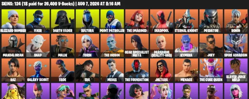 Fortnite account inventory for LVL 1801 - Blizzard Bomber - Fixer - 124 Outfits