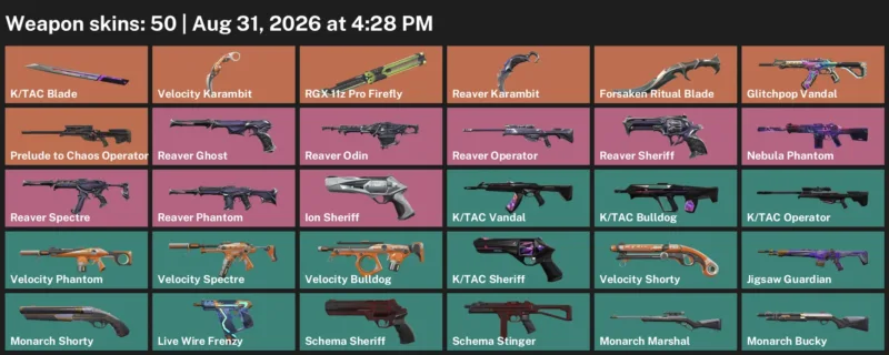 Valorant account inventory for LVL 181 · Reaver Karambit & Velocity Karambit