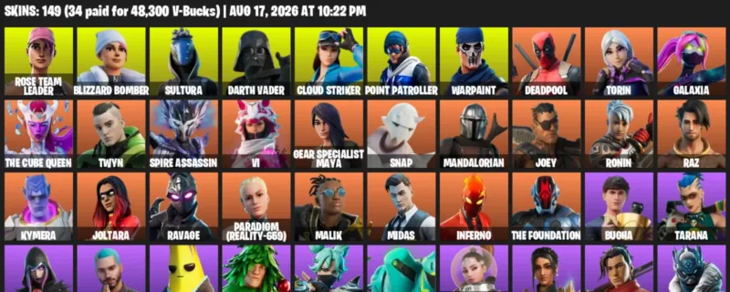 Fortnite account inventory for LVL 2317 - Rose Team Leader - Blizzard Bomber - 149 Outfits