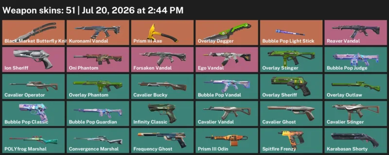 Valorant Accounts listing: LVL 112 · Black.Market Butterfly Knife & Overlay Dagger · 51 Skins - Bronze 2, 51 skins