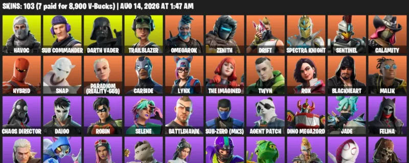Fortnite account inventory for LVL 1137 - Havoc - Sub Commander - 103 Outfits