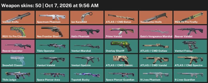 Valorant account inventory for LVL 101 · Ion Karambit & Venturi Knife & 50 Skins Ion Karambit