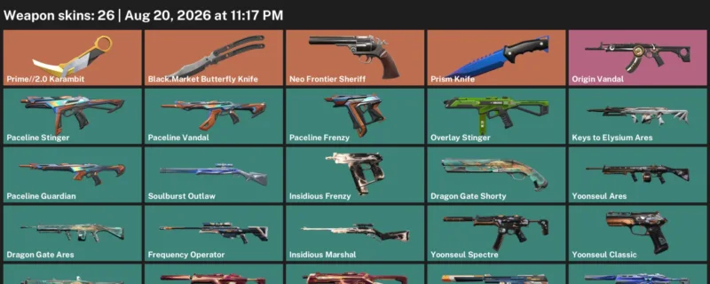 Valorant account inventory for LVL 27 · 2.0 Karambit & Black.Market Butterfly Knife & Prime
