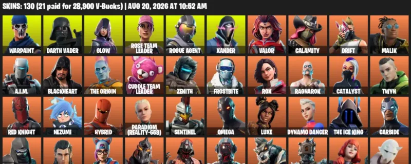Fortnite account inventory for LVL 1275 - Warpaint - Darth Vader - 130 Outfits