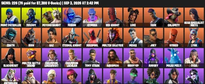 Fortnite account inventory for LVL 3214 - Point Patroller - Trilogy - 226 Outfits