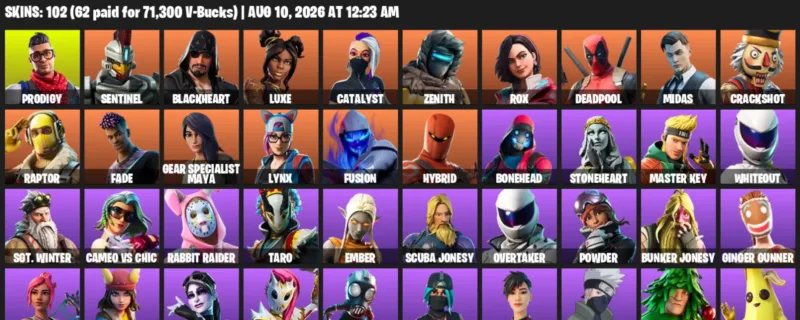 Fortnite account inventory for LVL 695 - Prodigy - Sentinel - 102 Outfits