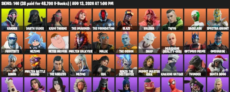 Fortnite account inventory for LVL 2671 - Xander - Darth Vader - 146 Outfits