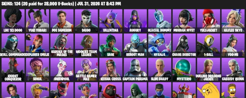 Fortnite account inventory for LVL 1318 - LBC '93 Dogg - Yuki Yubari - 124 Outfits