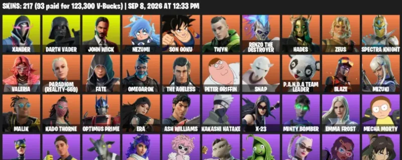 Fortnite account inventory for LVL 4143 - Xander - Darth Vader - 217 Outfits