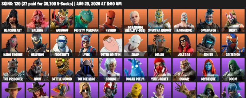 Fortnite account inventory for LVL 1958 - Blackheart - Valeria - 120 Outfits