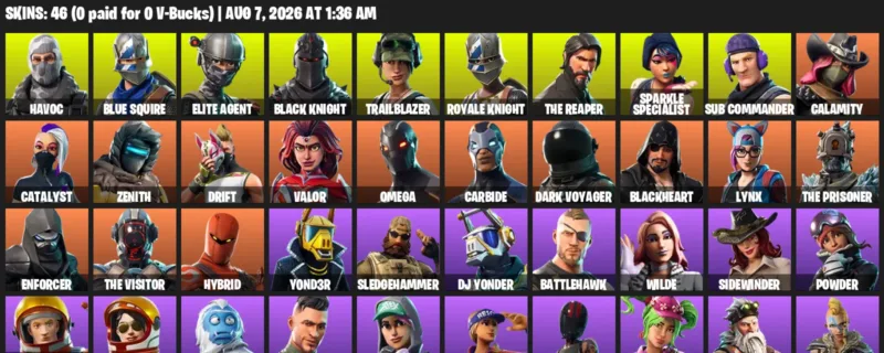 Fortnite account inventory for LVL 562 - Havoc - Blue Squire - 46 Outfits