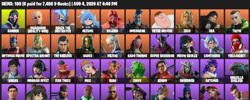 Fortnite account inventory for LVL 1849 - Xander - Paradigm (Reality-659) - 100 Outfits