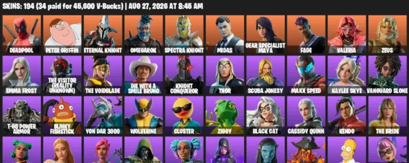 Fortnite account inventory for LVL 2023 - Deadpool - Peter Griffin - 194 Outfits