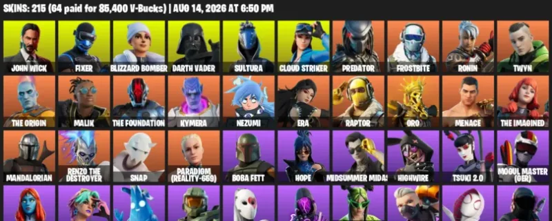 Fortnite account inventory for LVL 2179 - John Wick - Fixer - 215 Outfits