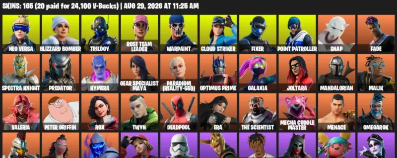 Fortnite account inventory for LVL 2174 - Neo Versa - Blizzard Bomber - 165 Outfits