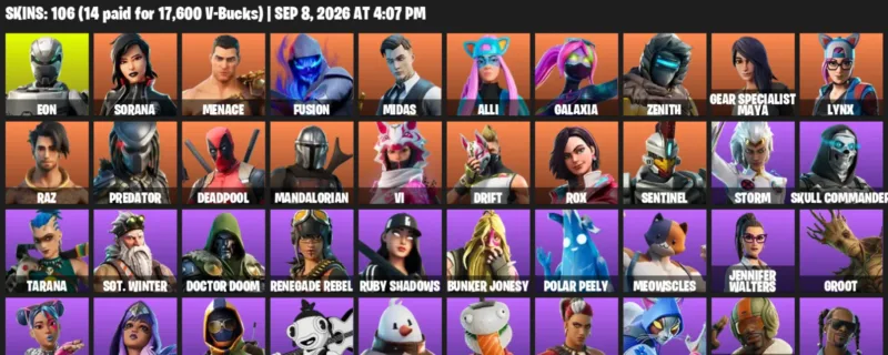 Fortnite account inventory for LVL 1377 - Eon - Sorana - 106 Outfits