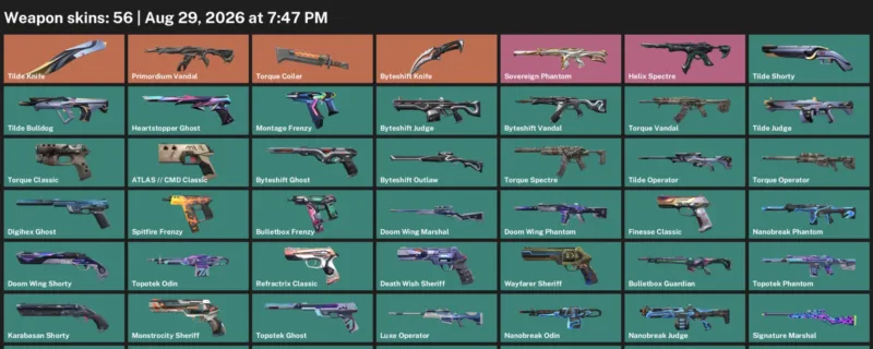 Valorant account inventory for LVL 269 · Tilde Knife & 56 Skins Byteshift Knife