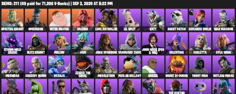 Fortnite account inventory for LVL 1695 - Spectra Knight - Omegarok - 211 Outfits