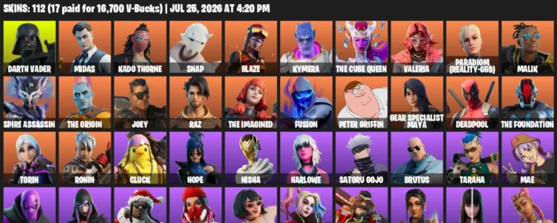 Fortnite Accounts listing: LVL 2165 - Darth Vader - Midas - 112 Outfits - 112 outfits