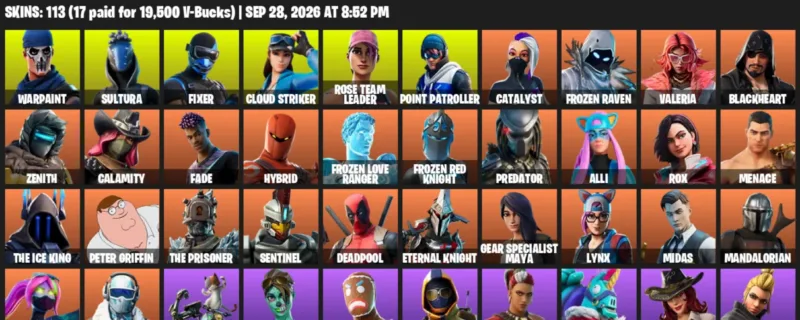 Fortnite account inventory for Warpaint - Sultura - 113 Outfits