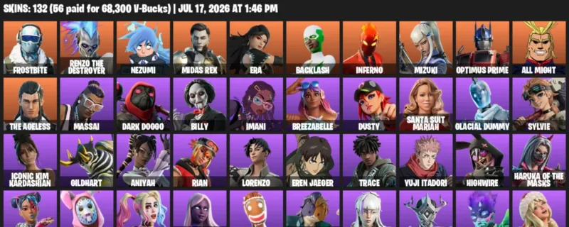 Fortnite Accounts listing: LVL 1529 - Frostbite - Renzo the Destroyer - 132 Outfits - 132 outfits