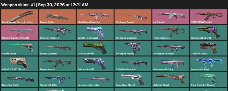 Valorant account inventory for LVL 195 · 41 Skins Black.Market Butterfly Knife & Cmd Classic