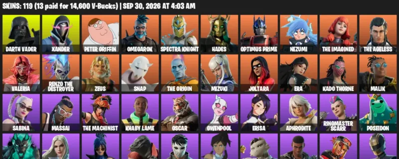 Fortnite account inventory for Darth Vader - Xander - 119 Outfits