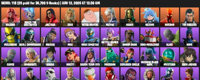 Fortnite account inventory for LVL 2004 - Valeria - Renzo the Destroyer - 118 Outfits