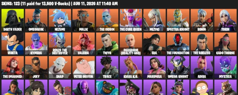 Fortnite account inventory for LVL 1761 - Darth Vader - Omegarok - 123 Outfits