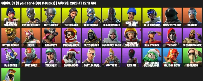 Fortnite account inventory for LVL 1033 - Sparkle Specialist - Royale Knight - 31 Outfits
