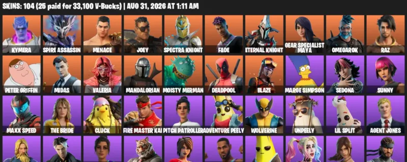 Fortnite account inventory for LVL 1125 - Kymera - Spire Assassin - 104 Outfits
