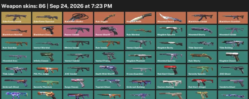 Valorant account inventory for LVL 190 · Ruin Dagger & Kingdom Knife