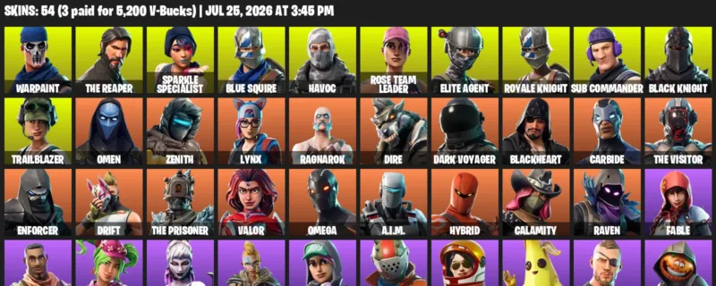 Fortnite Accounts listing: LVL 979 - Warpaint - The Reaper - 54 Outfits - 54 outfits