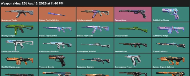 Valorant account inventory for LVL 52 · Bubble Pop Vandal & Bubble Pop Judge