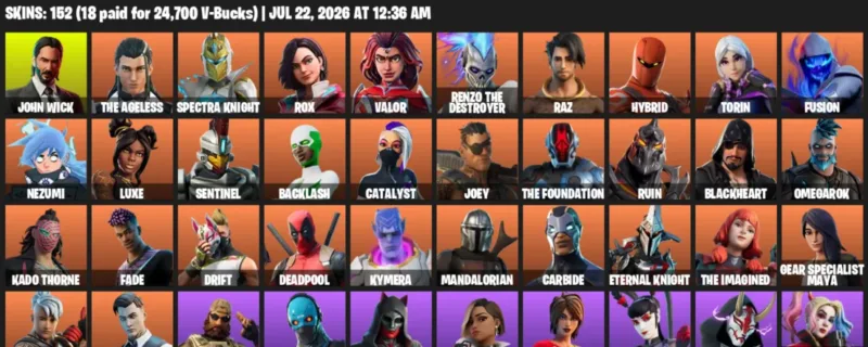 Fortnite Accounts listing: LVL 3110 - John Wick - The Ageless - 152 Outfits - 152 outfits