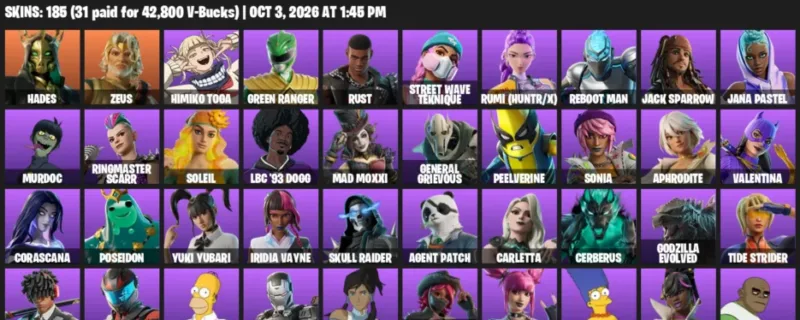 Fortnite account inventory for Hades - Zeus - 120 Outfits