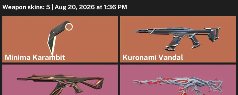Valorant account inventory for LVL 29 · Minima Karambit & Kuronami Vandal