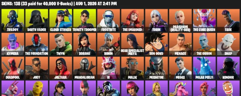 Fortnite account inventory for LVL 2111 - Trilogy - Darth Vader - 138 Outfits